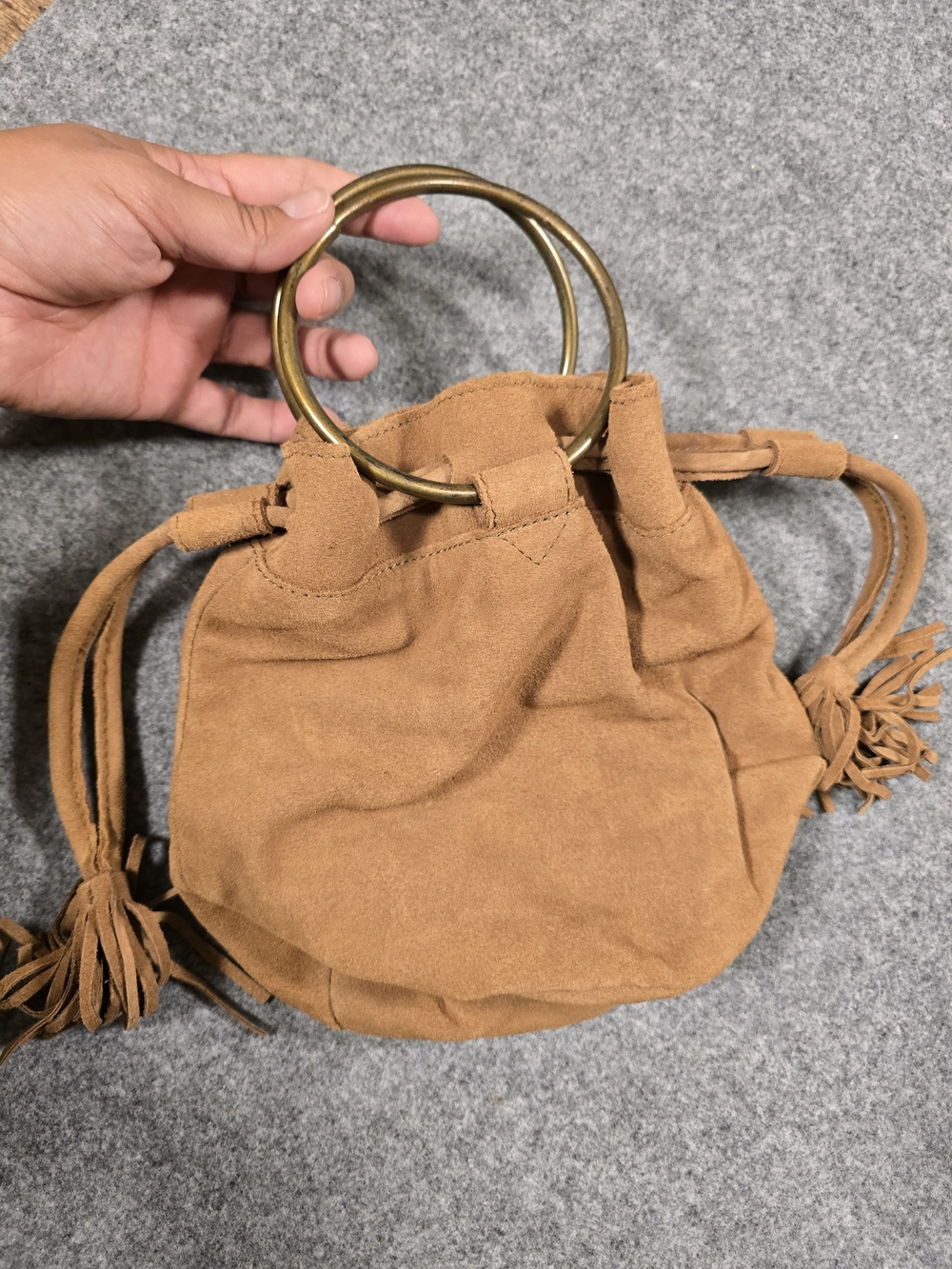 World Market Suede Ring-Handle Drawstring Mini Tote Purse - Brown